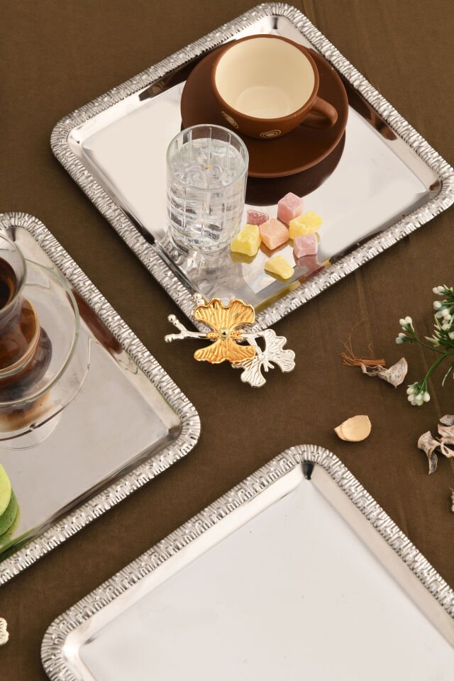 Maren Paslanmaz Kare Desenli Kelebek Detaylı Sunum Tepsisi Gümüş 3 Lü Takım