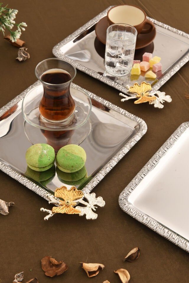 Maren Paslanmaz Kare Desenli Kelebek Detaylı Sunum Tepsisi Gümüş 3 Lü Takım