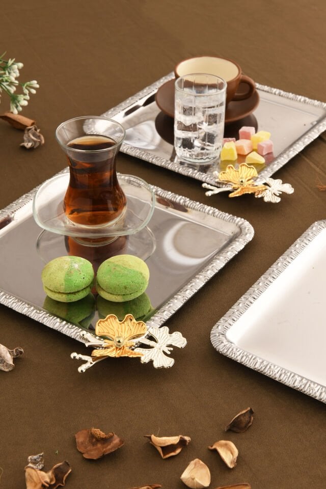 Maren Paslanmaz Kare Desenli Kelebek Detaylı Sunum Tepsisi Gümüş 3 Lü Takım