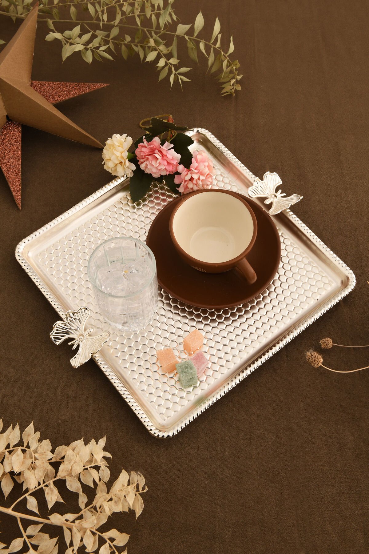 Karev Kare Petek Model Kelebek Detaylı Sunum Tepsisi Gümüş 1 Adet