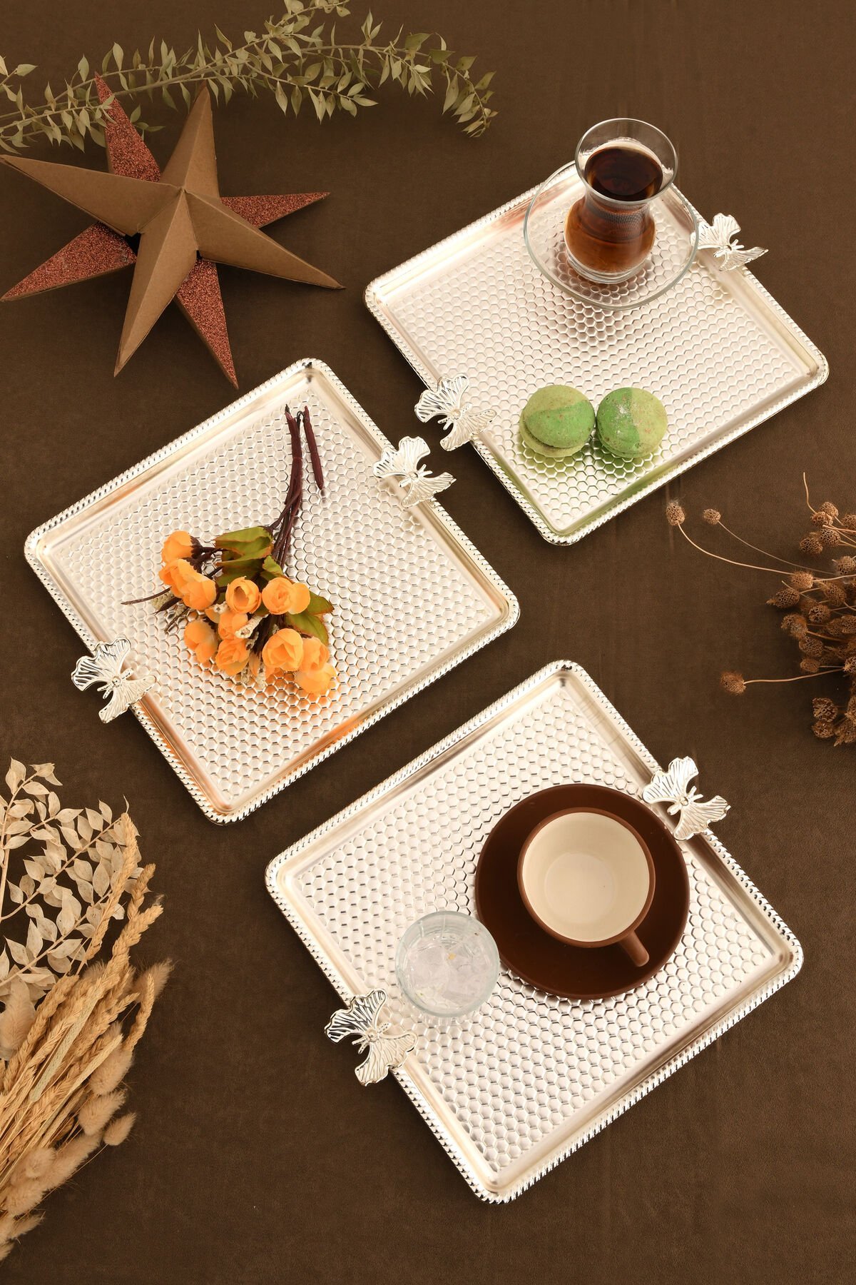 Karev Kare Petek Model Kelebek Detaylı Sunum Tepsisi Gümüş 3 Lü Takım