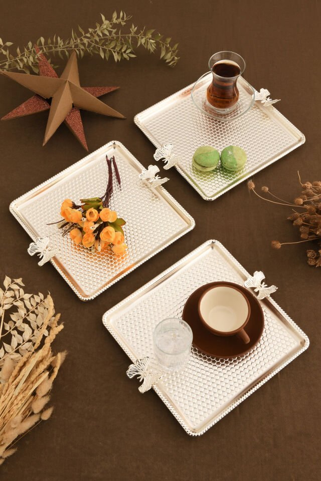 Karev Kare Petek Model Kelebek Detaylı Sunum Tepsisi Gümüş 3 Lü Takım