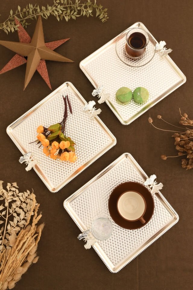 Karev Kare Petek Model Kelebek Detaylı Sunum Tepsisi Gümüş 3 Lü Takım