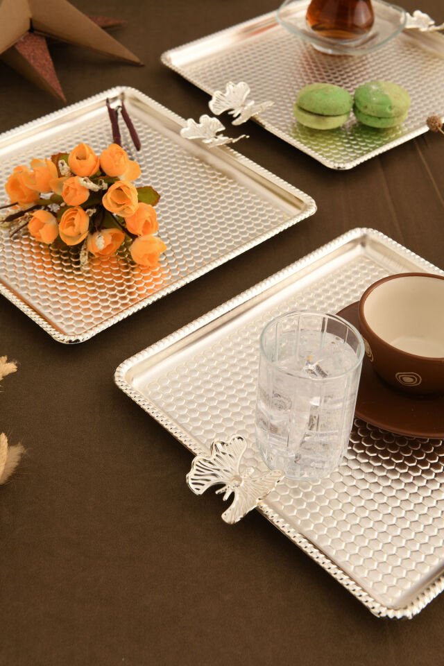 Karev Kare Petek Model Kelebek Detaylı Sunum Tepsisi Gümüş 3 Lü Takım