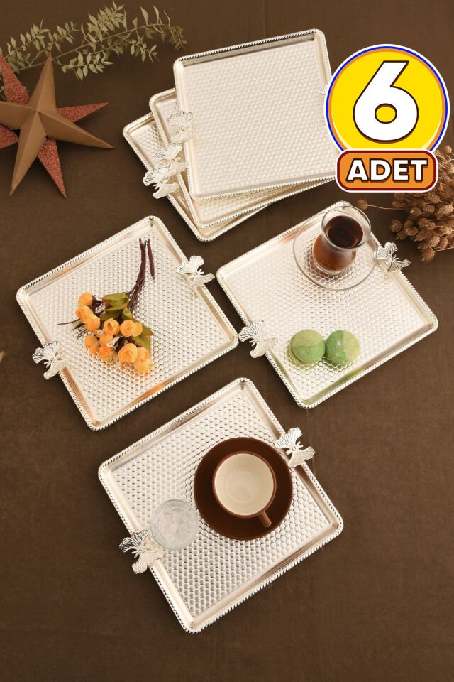 Karev Kare Petek Model Kelebek Detaylı Sunum Tepsisi Gümüş 6 Lı Takım