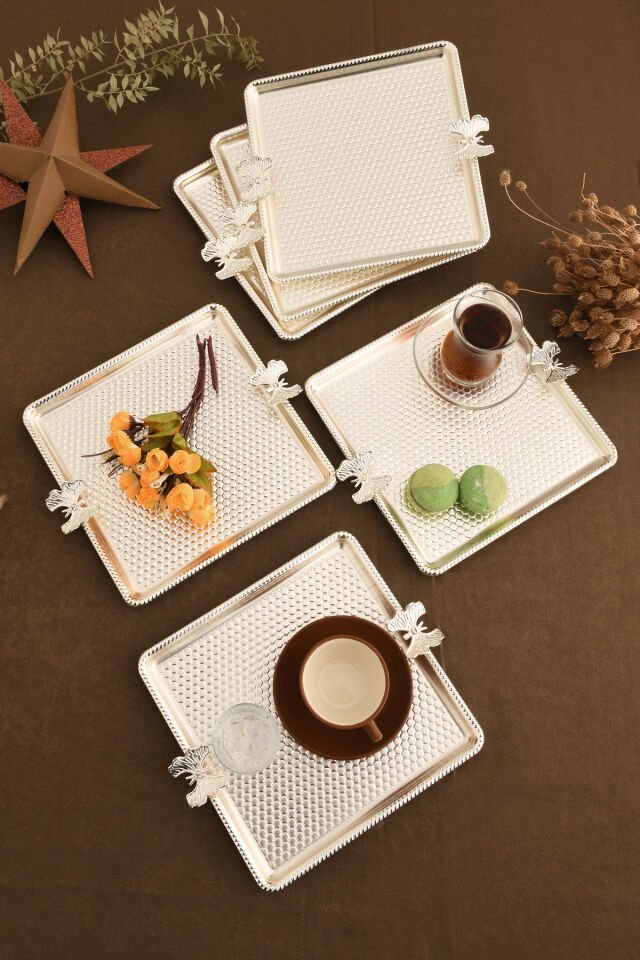 Karev Kare Petek Model Kelebek Detaylı Sunum Tepsisi Gümüş 6 Lı Takım