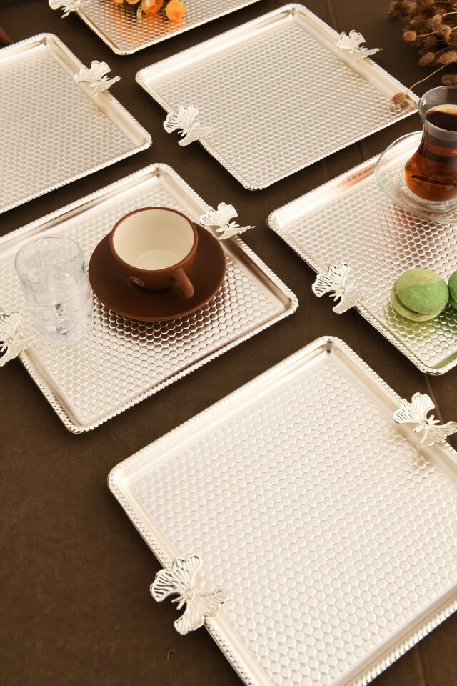 Karev Kare Petek Model Kelebek Detaylı Sunum Tepsisi Gümüş 6 Lı Takım