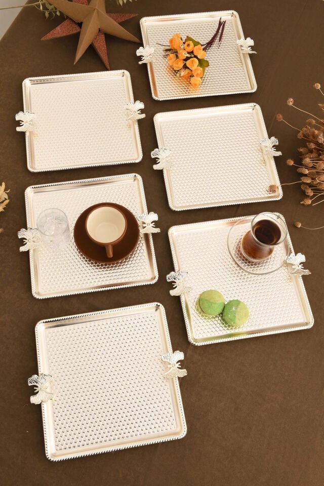 Karev Kare Petek Model Kelebek Detaylı Sunum Tepsisi Gümüş 6 Lı Takım