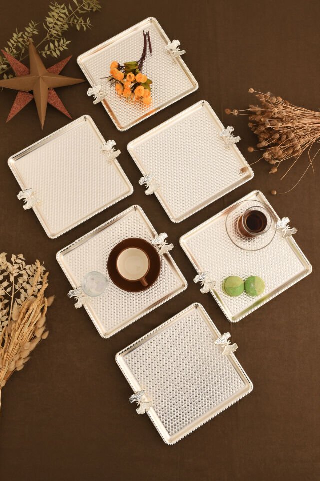 Karev Kare Petek Model Kelebek Detaylı Sunum Tepsisi Gümüş 6 Lı Takım