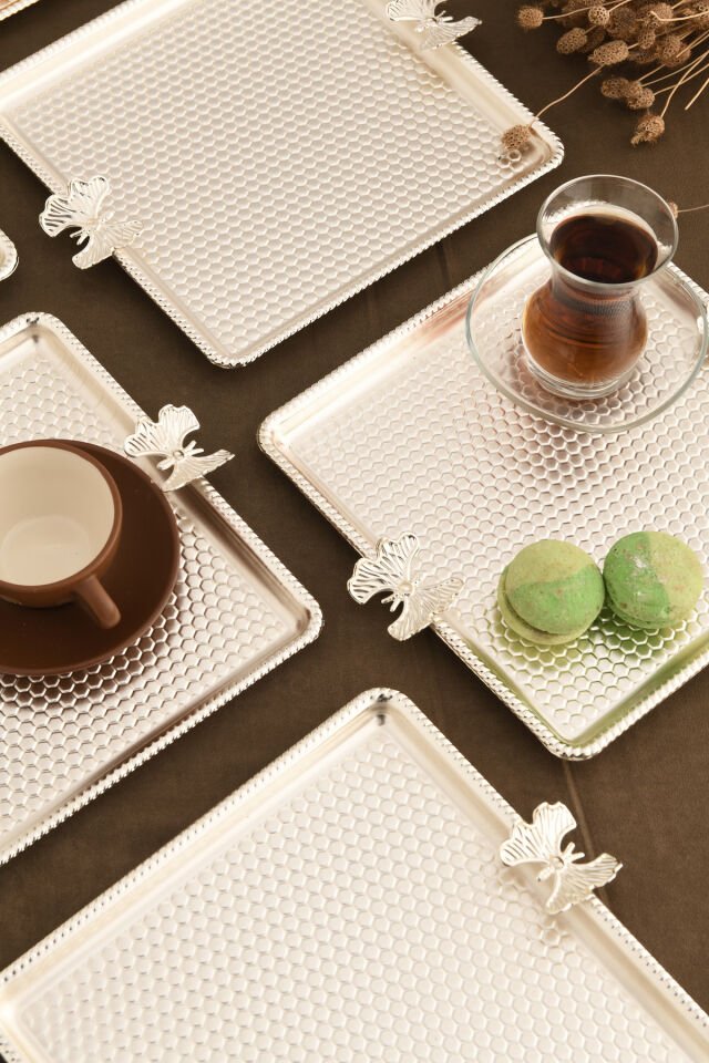 Karev Kare Petek Model Kelebek Detaylı Sunum Tepsisi Gümüş 6 Lı Takım