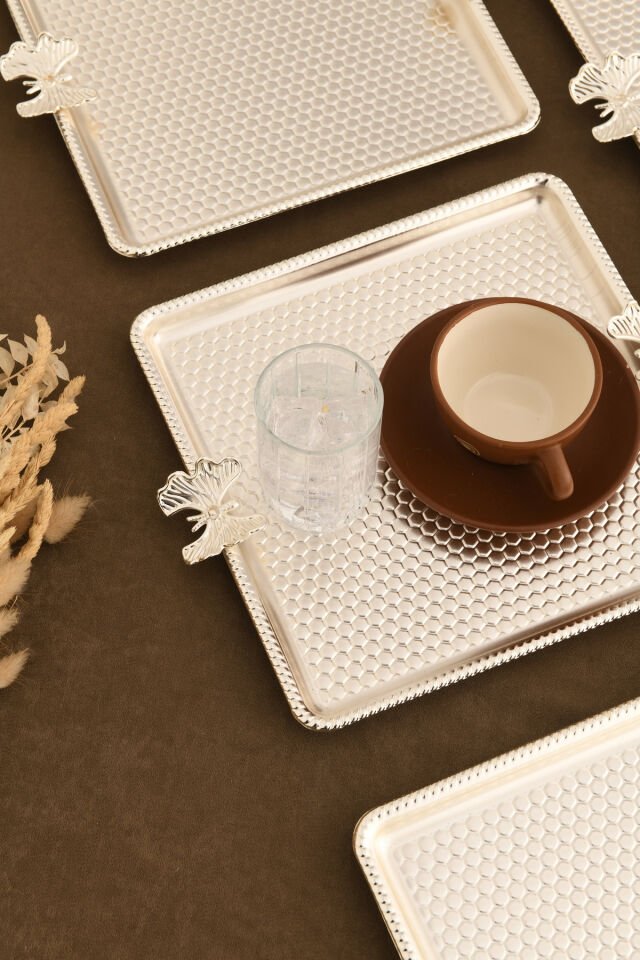 Karev Kare Petek Model Kelebek Detaylı Sunum Tepsisi Gümüş 6 Lı Takım