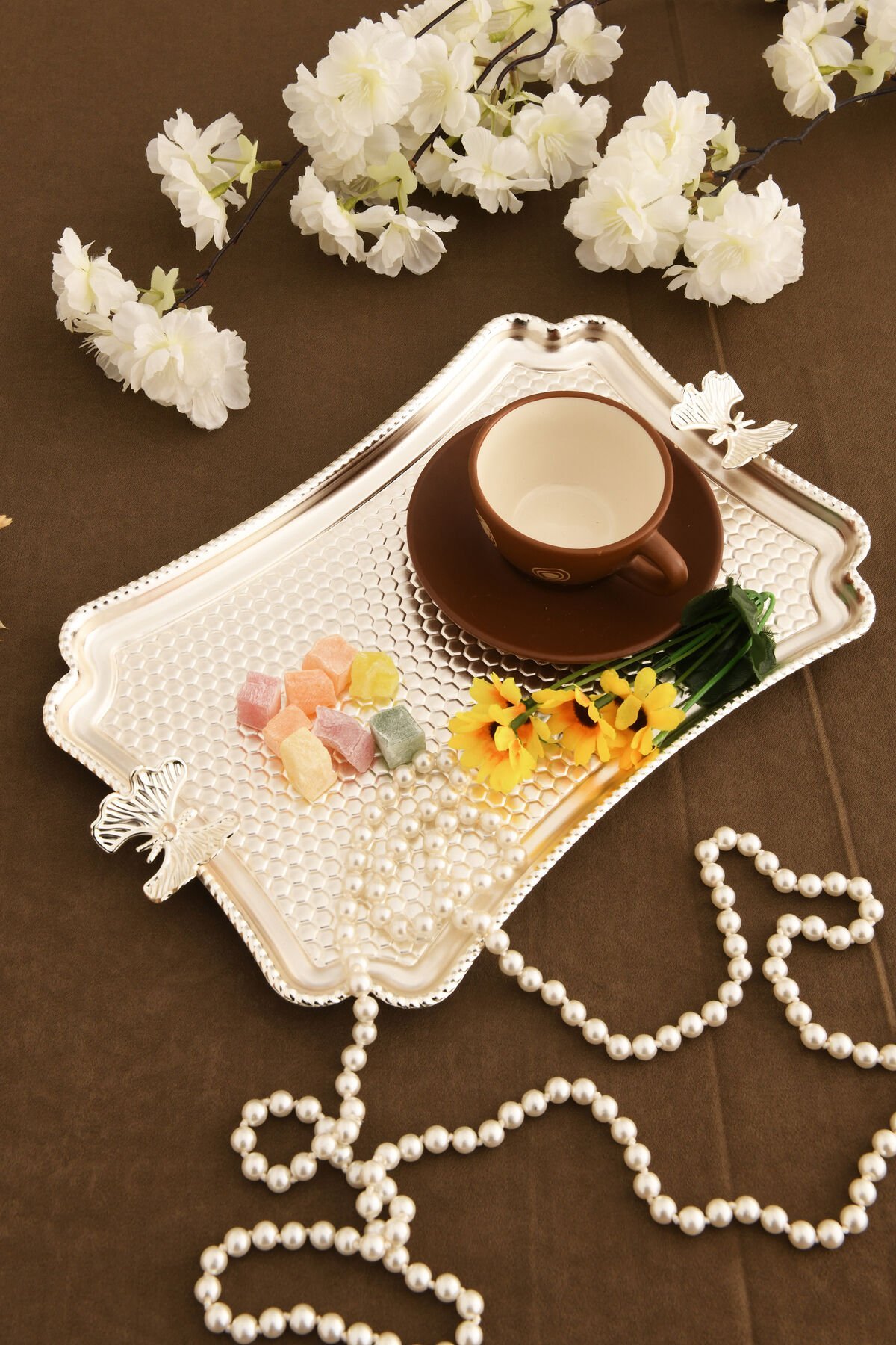 Fiano Kelebek Petek Model Kelebek Detaylı Sunum Tepsisi Gümüş 1 Adet