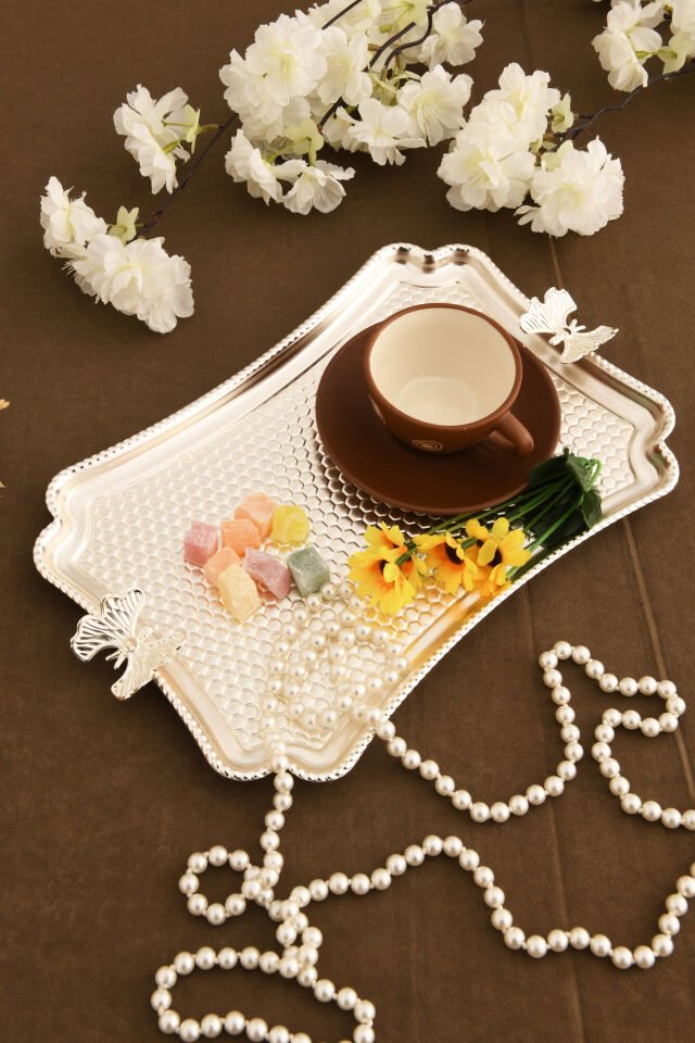 Fiano Kelebek Petek Model Kelebek Detaylı Sunum Tepsisi Gümüş 1 Adet