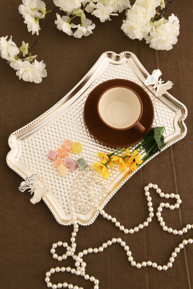 Fiano Kelebek Petek Model Kelebek Detaylı Sunum Tepsisi Gümüş 1 Adet