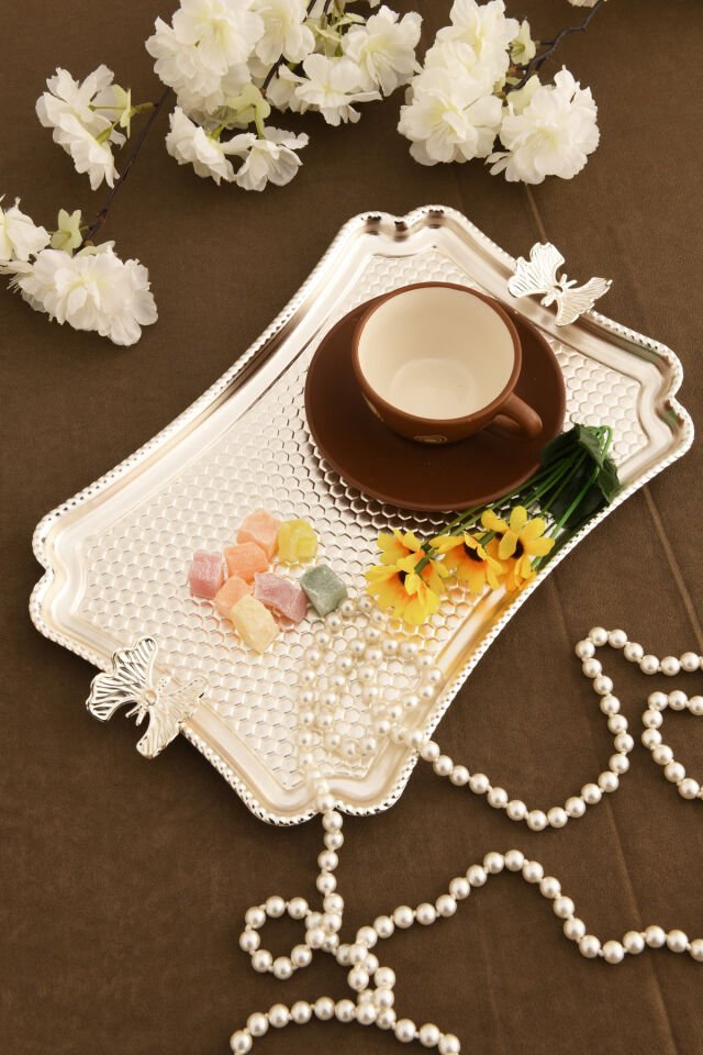 Fiano Kelebek Petek Model Kelebek Detaylı Sunum Tepsisi Gümüş 1 Adet