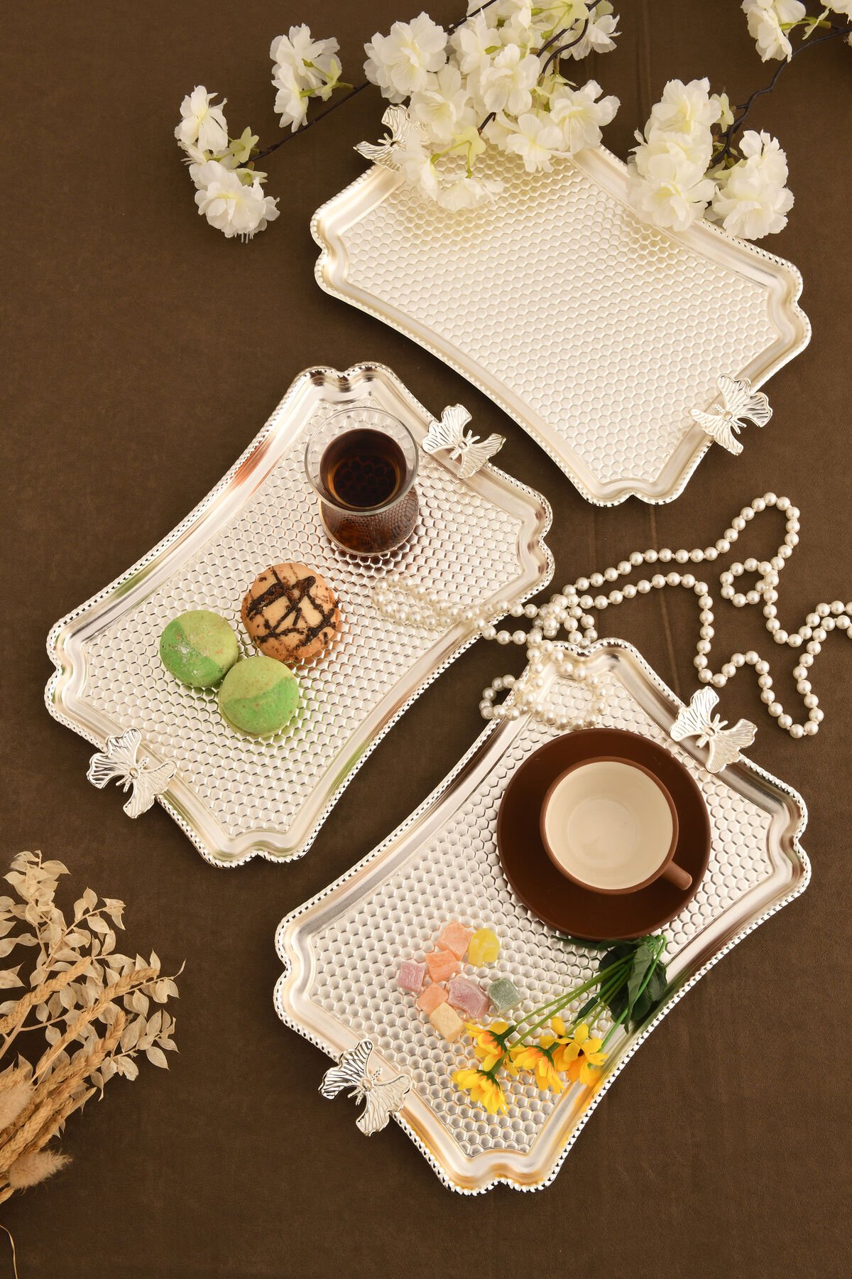 Fiano Kelebek Petek Model Kelebek Detaylı Sunum Tepsisi Gümüş 3 Lü Takım