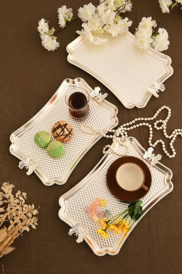 Fiano Kelebek Petek Model Kelebek Detaylı Sunum Tepsisi Gümüş 3 Lü Takım