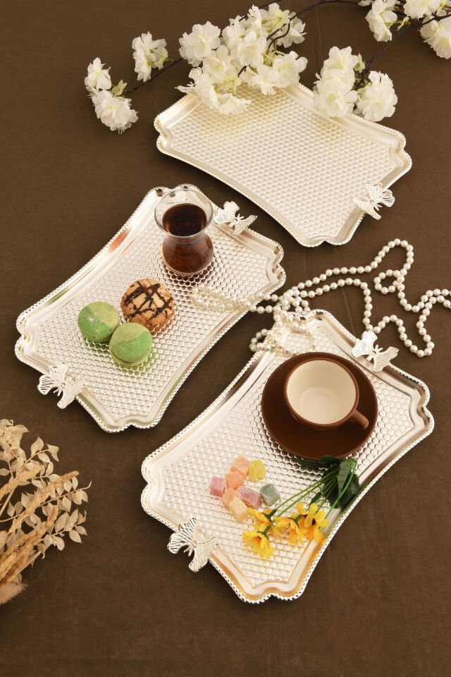 Fiano Kelebek Petek Model Kelebek Detaylı Sunum Tepsisi Gümüş 3 Lü Takım