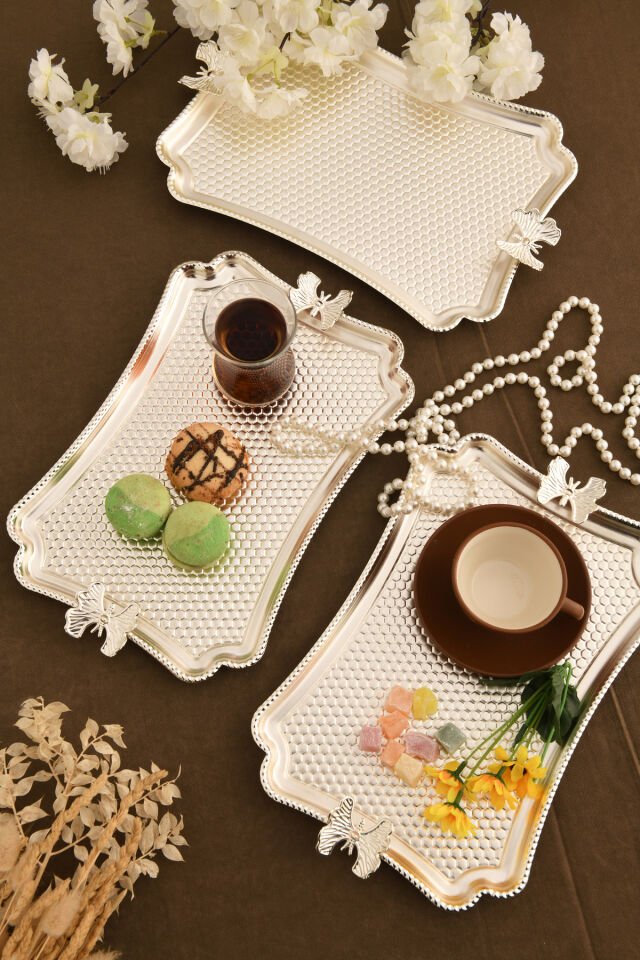 Fiano Kelebek Petek Model Kelebek Detaylı Sunum Tepsisi Gümüş 3 Lü Takım