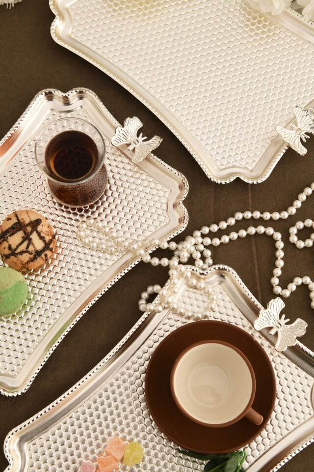 Fiano Kelebek Petek Model Kelebek Detaylı Sunum Tepsisi Gümüş 3 Lü Takım