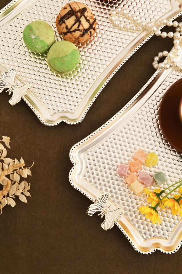 Fiano Kelebek Petek Model Kelebek Detaylı Sunum Tepsisi Gümüş 3 Lü Takım