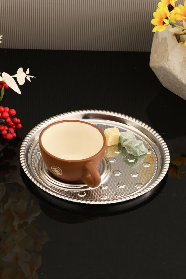 Taval Yuvarlak Desenli Çay Ve Kahve Keyif Sunum Tepsisi Gümüş 1 Adet