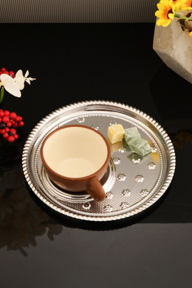 Taval Yuvarlak Desenli Çay Ve Kahve Keyif Sunum Tepsisi Gümüş 1 Adet