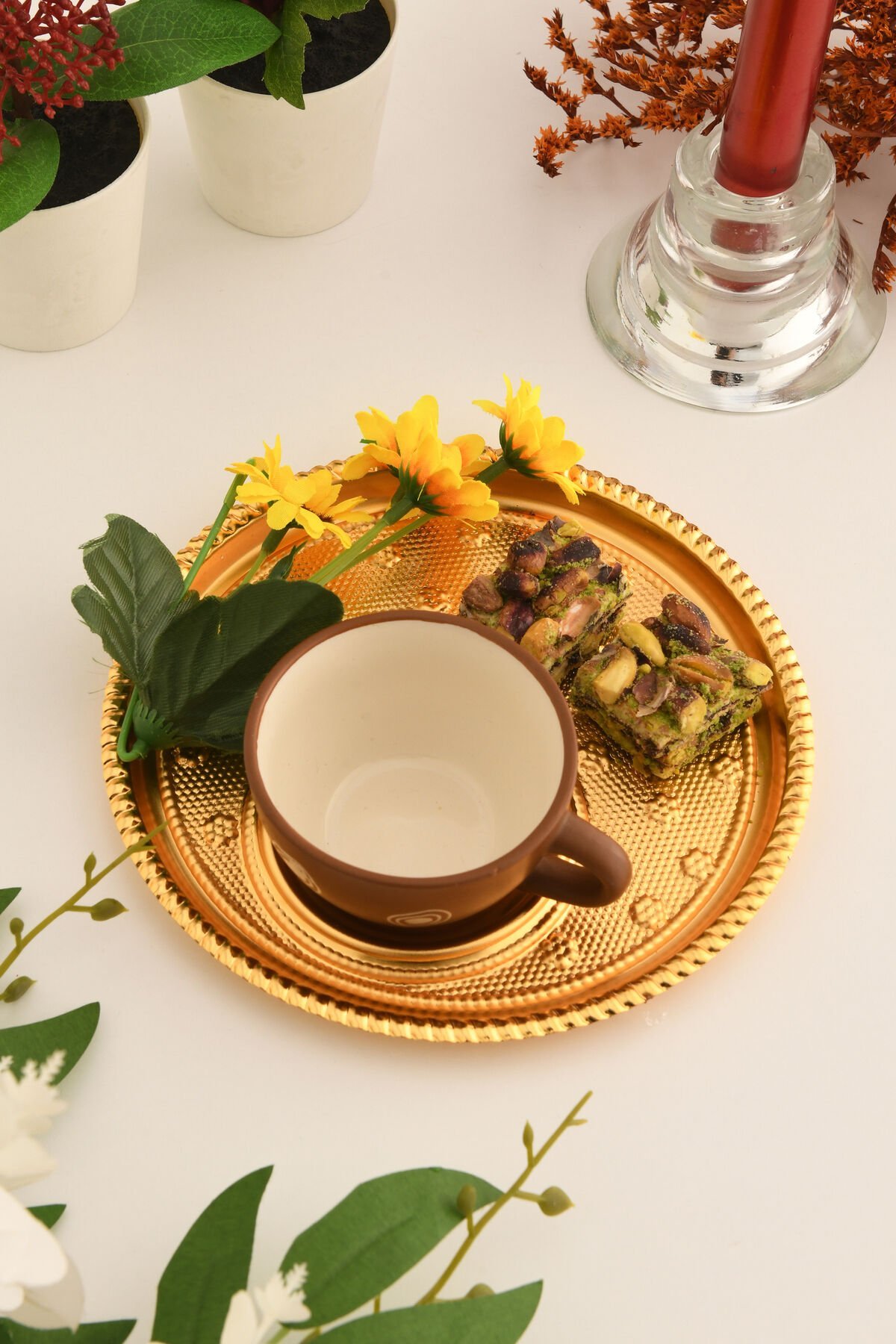 Taval Yuvarlak Desenli Çay Ve Kahve Keyif Sunum Tepsisi Gold 1 Adet