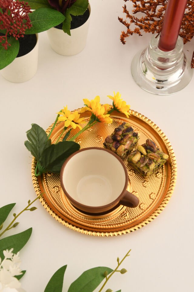 Taval Yuvarlak Desenli Çay Ve Kahve Keyif Sunum Tepsisi Gold 1 Adet