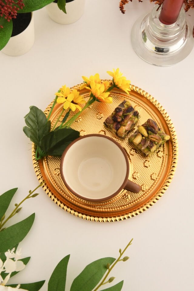 Taval Yuvarlak Desenli Çay Ve Kahve Keyif Sunum Tepsisi Gold 1 Adet