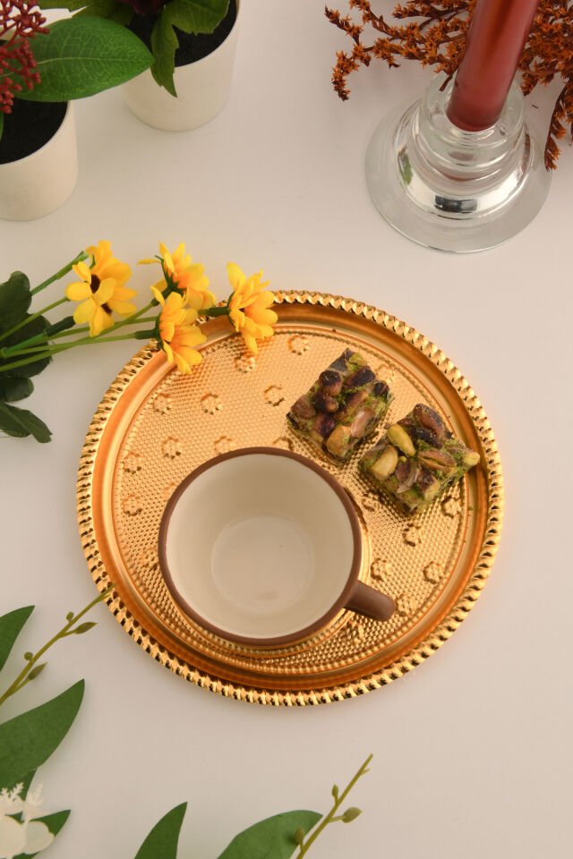 Taval Yuvarlak Desenli Çay Ve Kahve Keyif Sunum Tepsisi Gold 1 Adet