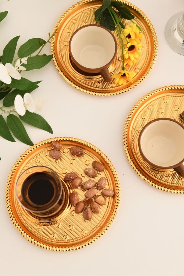 Taval Yuvarlak Desenli Çay Ve Kahve Keyif Sunum Tepsisi Gold 3 Lü Takım