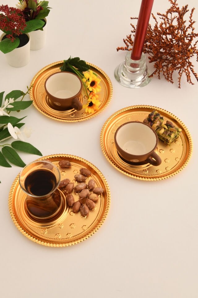 Taval Yuvarlak Desenli Çay Ve Kahve Keyif Sunum Tepsisi Gold 3 Lü Takım
