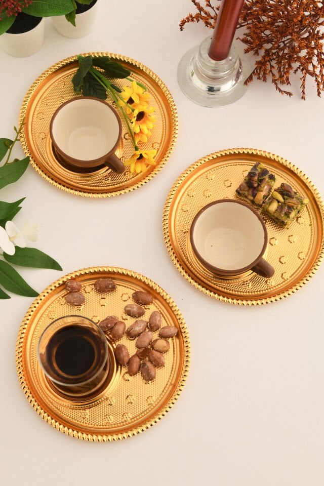 Taval Yuvarlak Desenli Çay Ve Kahve Keyif Sunum Tepsisi Gold 3 Lü Takım