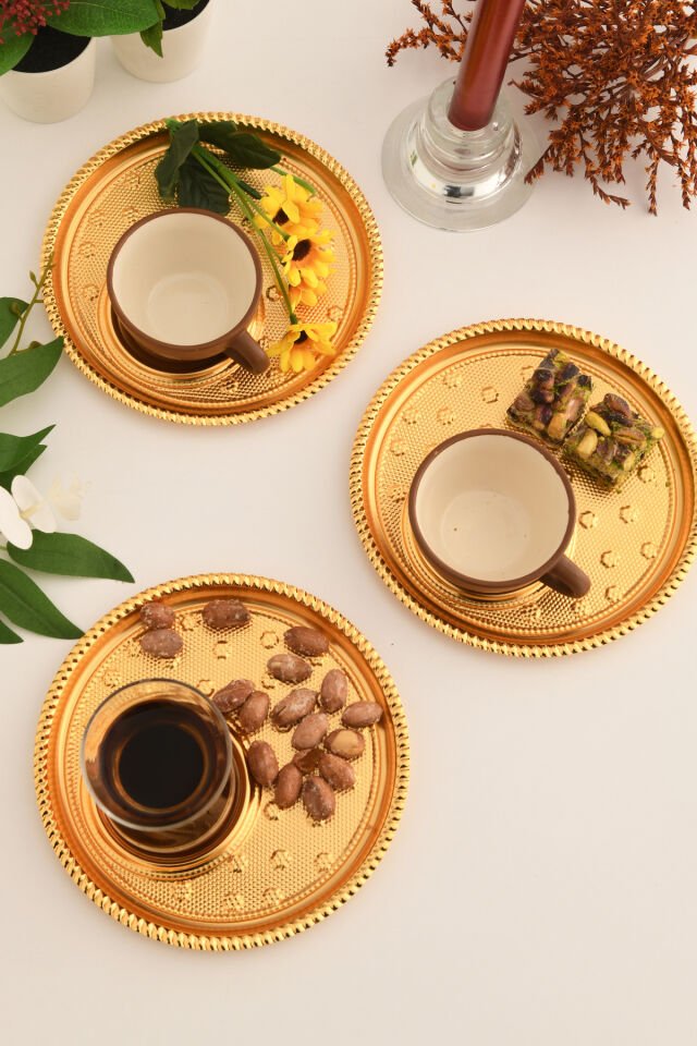 Taval Yuvarlak Desenli Çay Ve Kahve Keyif Sunum Tepsisi Gold 3 Lü Takım