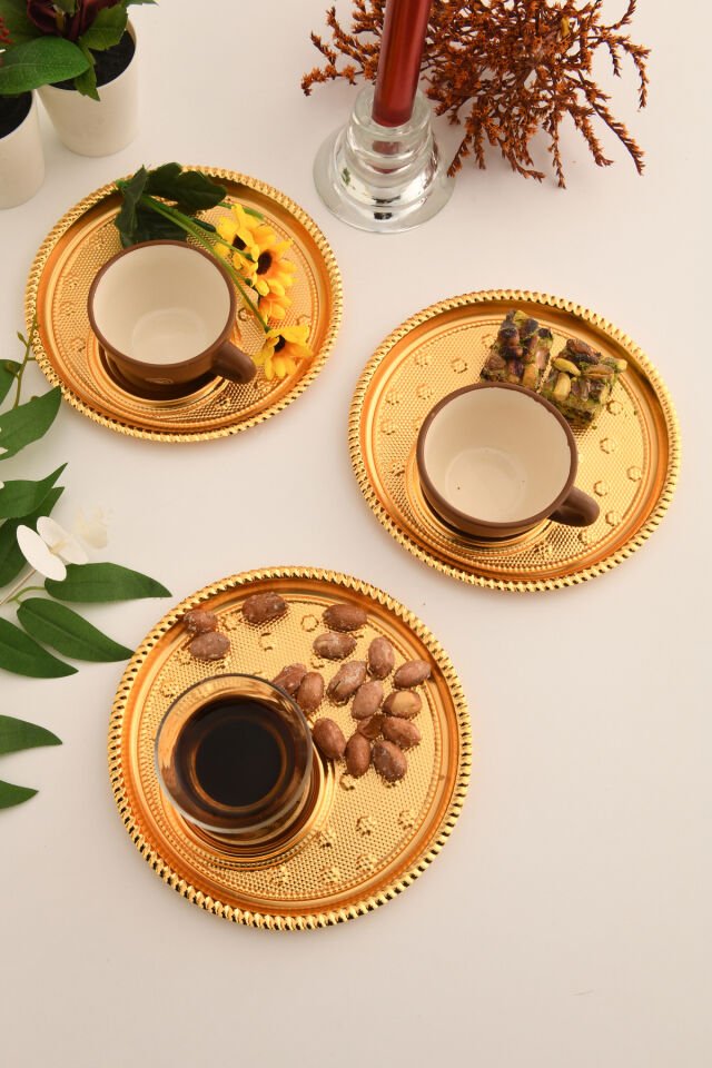 Taval Yuvarlak Desenli Çay Ve Kahve Keyif Sunum Tepsisi Gold 3 Lü Takım