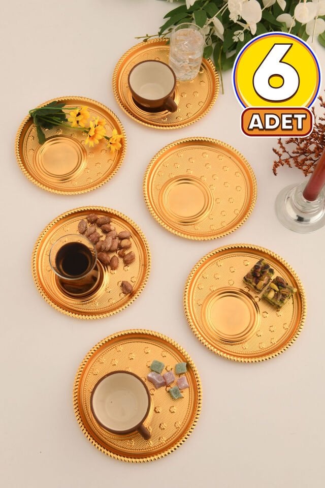 Taval Yuvarlak Desenli Çay Ve Kahve Keyif Sunum Tepsisi Gold 6 Lı Takım