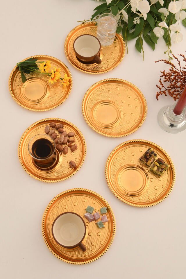 Taval Yuvarlak Desenli Çay Ve Kahve Keyif Sunum Tepsisi Gold 6 Lı Takım