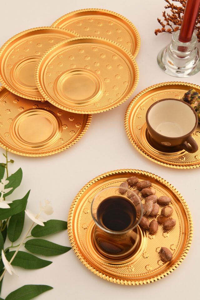 Taval Yuvarlak Desenli Çay Ve Kahve Keyif Sunum Tepsisi Gold 6 Lı Takım