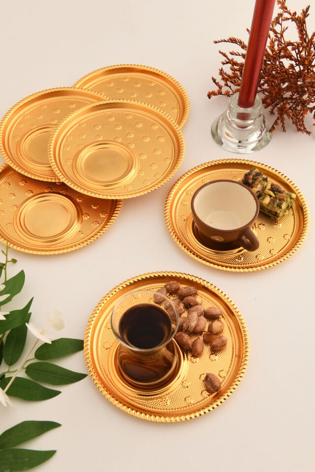 Taval Yuvarlak Desenli Çay Ve Kahve Keyif Sunum Tepsisi Gold 6 Lı Takım