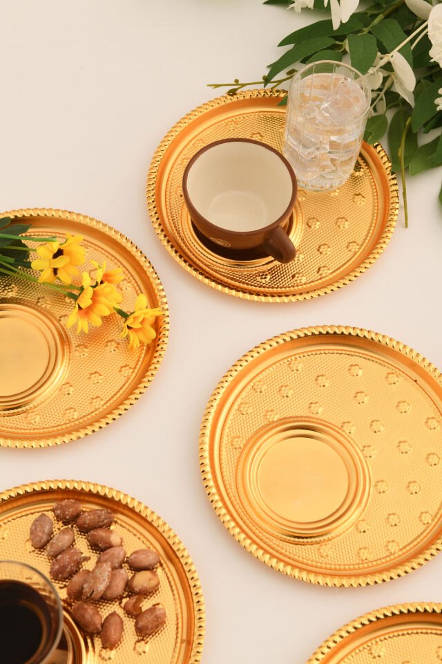 Taval Yuvarlak Desenli Çay Ve Kahve Keyif Sunum Tepsisi Gold 6 Lı Takım