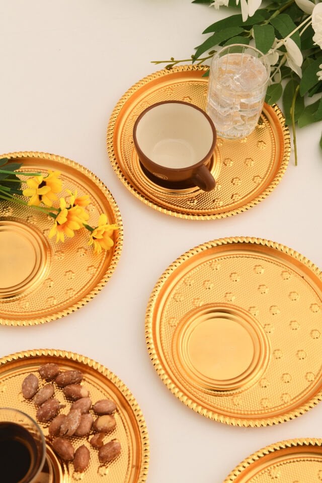 Taval Yuvarlak Desenli Çay Ve Kahve Keyif Sunum Tepsisi Gold 6 Lı Takım