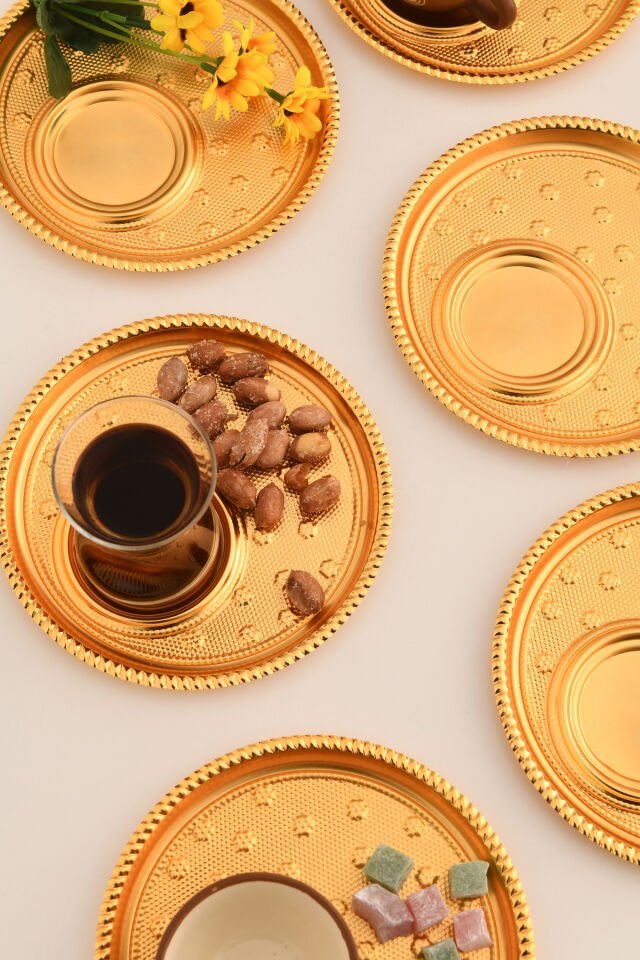 Taval Yuvarlak Desenli Çay Ve Kahve Keyif Sunum Tepsisi Gold 6 Lı Takım