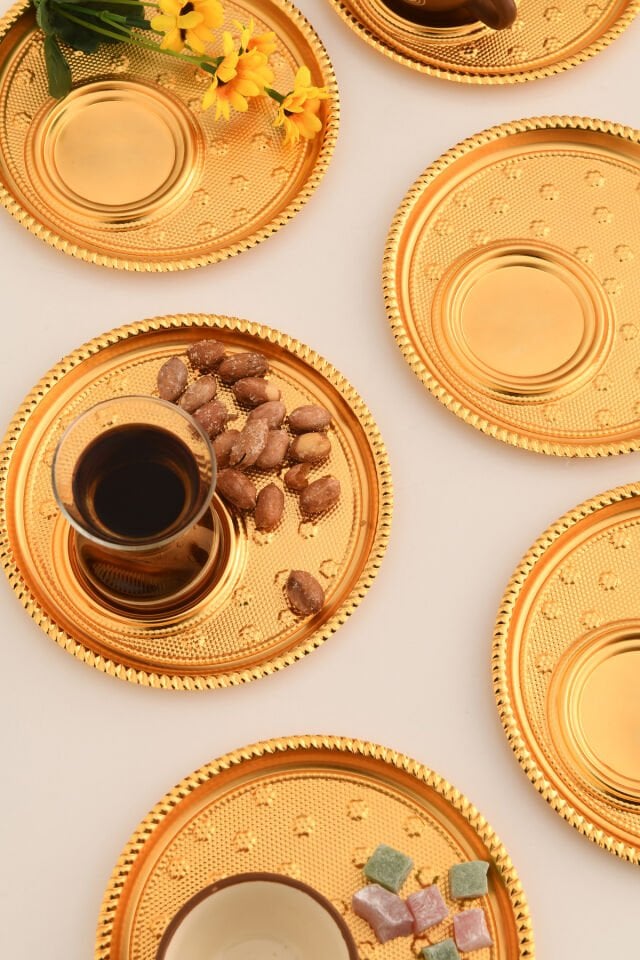 Taval Yuvarlak Desenli Çay Ve Kahve Keyif Sunum Tepsisi Gold 6 Lı Takım