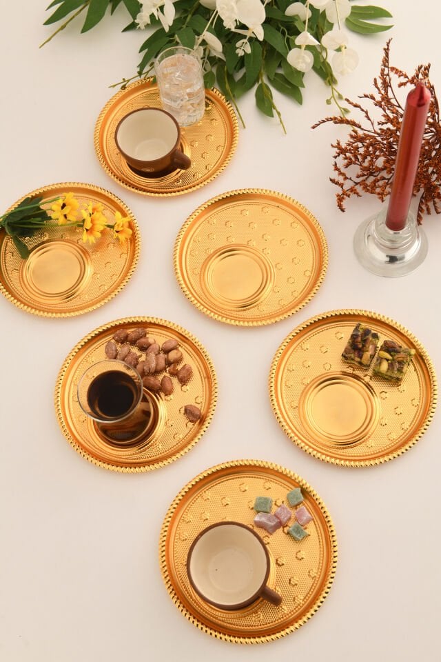 Taval Yuvarlak Desenli Çay Ve Kahve Keyif Sunum Tepsisi Gold 6 Lı Takım