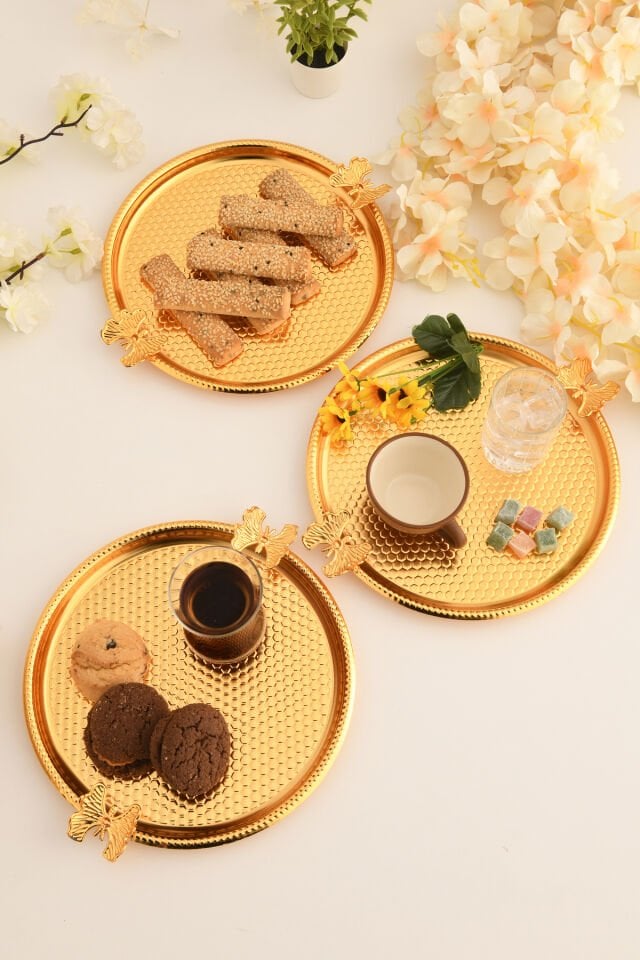 Iren Yuvarlak Petek Model Kelebek Detaylı Sunum Tepsisi Gold 3 Lü Takım