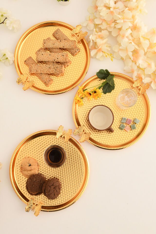 Iren Yuvarlak Petek Model Kelebek Detaylı Sunum Tepsisi Gold 3 Lü Takım