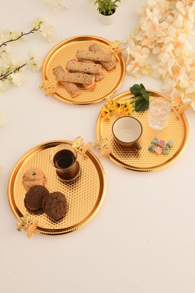 Iren Yuvarlak Petek Model Kelebek Detaylı Sunum Tepsisi Gold 3 Lü Takım