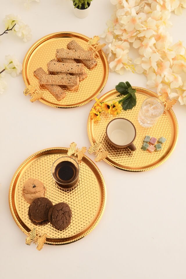 Iren Yuvarlak Petek Model Kelebek Detaylı Sunum Tepsisi Gold 3 Lü Takım