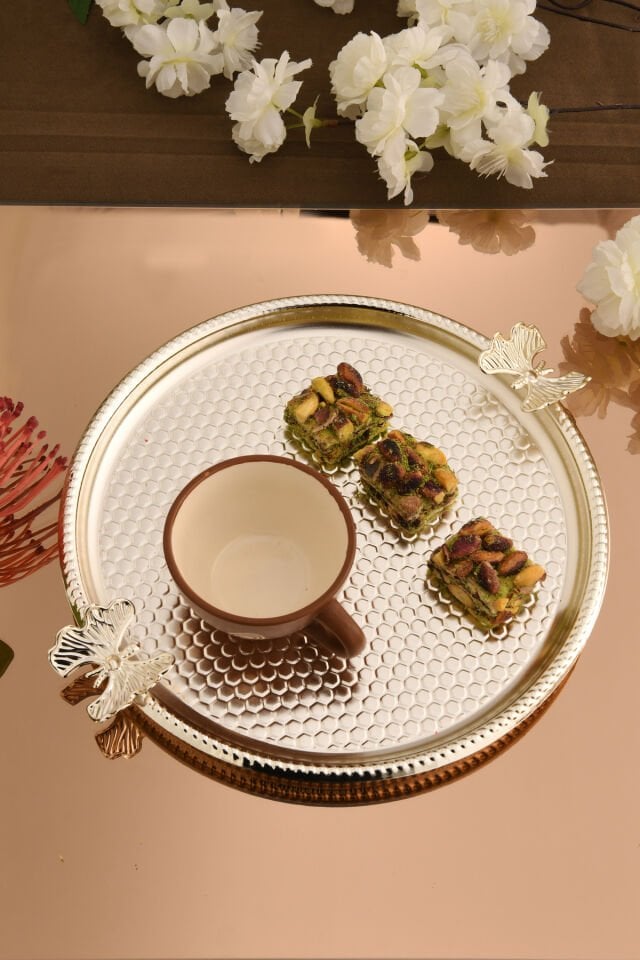 Iren Yuvarlak Petek Model Kelebek Detaylı Sunum Tepsisi Gümüş 1 Adet